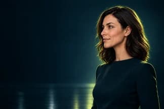 A close crop of the campaign still: the character in a dark petrol studio