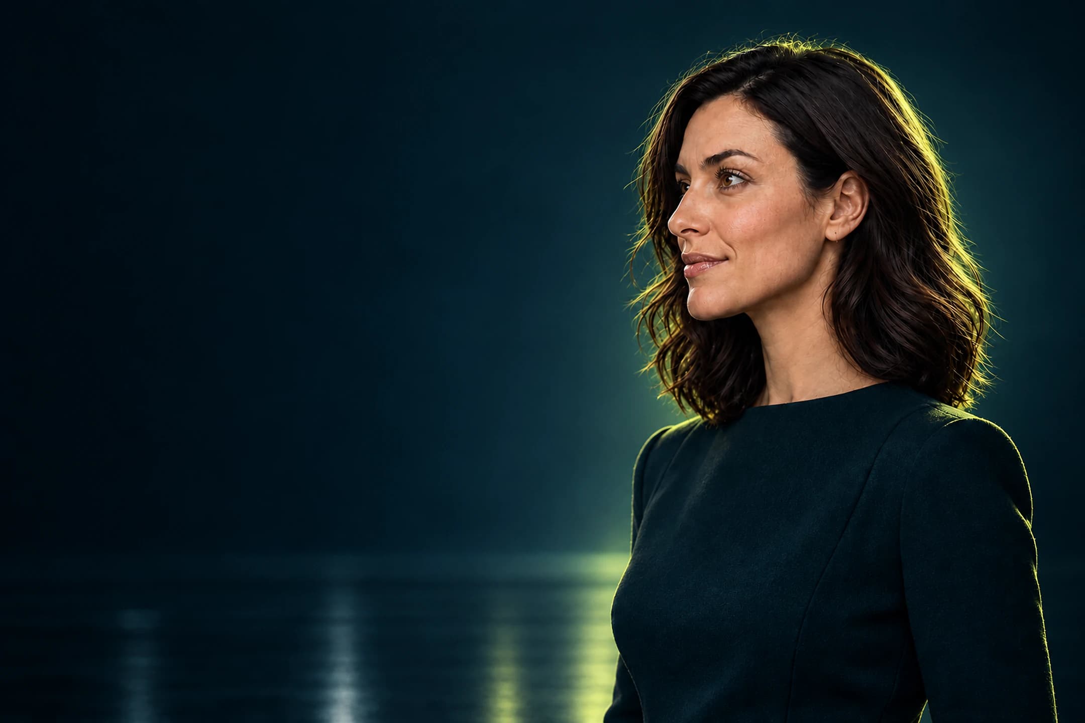 A wide campaign frame: the character in profile in a dark petrol studio, a lime rim light tracing her face and shoulder