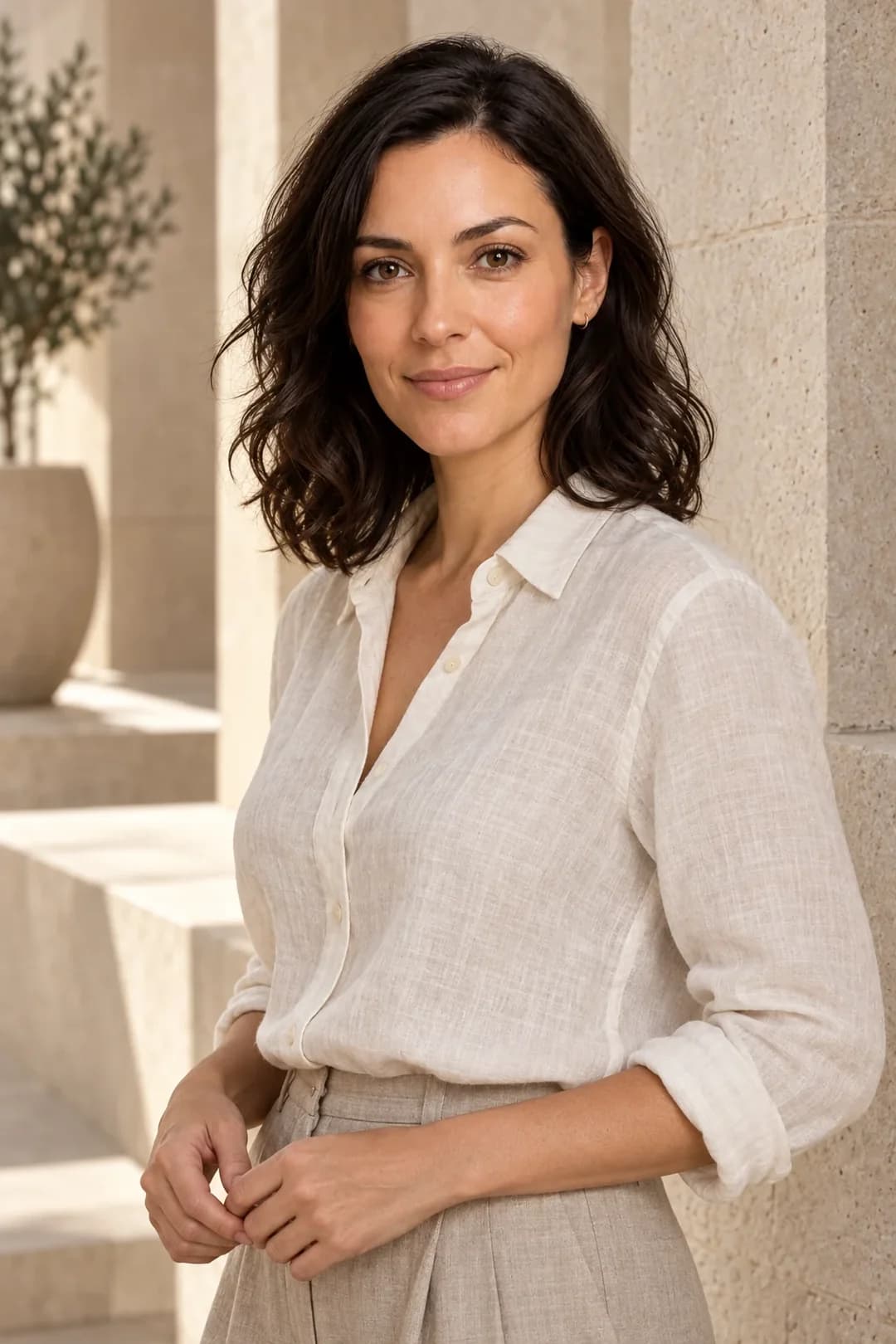 The same character, photographed outdoors in daylight against a pale stone wall
