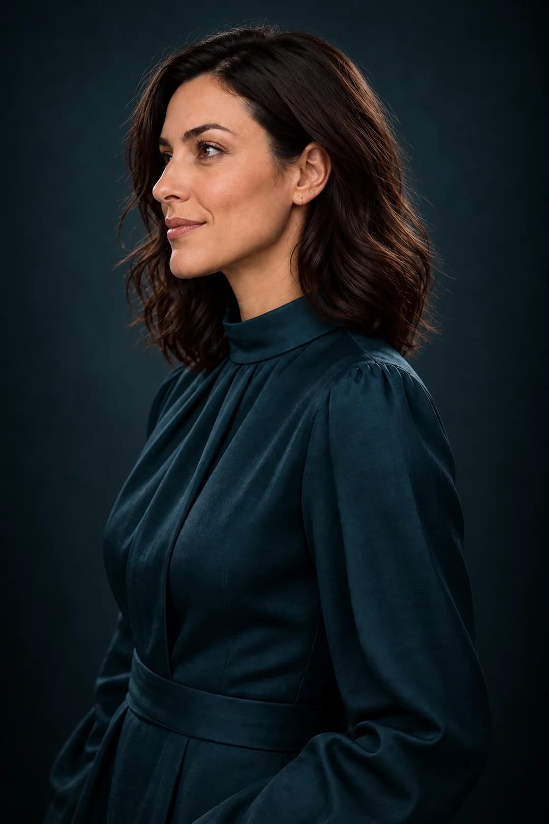 The same character, in profile, in a dark studio against a petrol backdrop